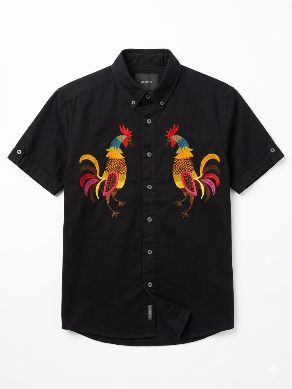 Mr. Nieves Men's Navy Short-Sleeve Button-Down Shirt with Rooster Embroidery
